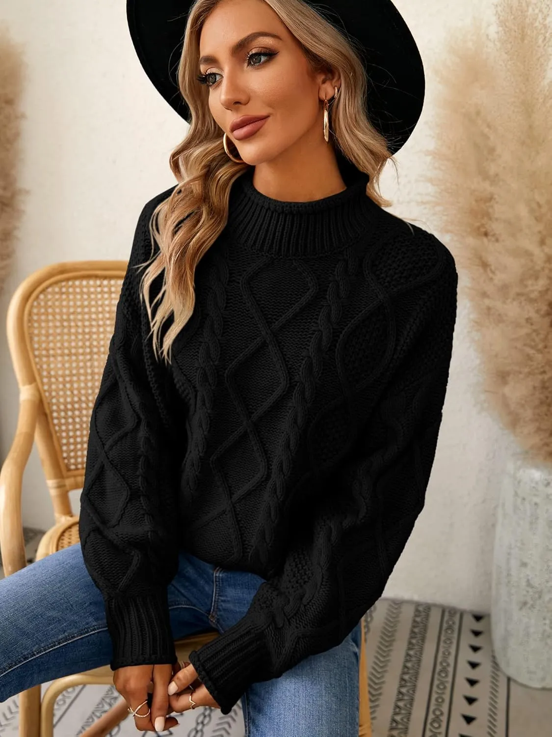 Womens Turtleneck Oversized Pullover Sweaters Cable Knit Batwing Long Sleeve Loose Fit Chunky Jumper Tops
