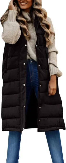 Women's Winter Hooded Puffer Vest Long Sleeveless Down Coats Trendy Fashion Warm Outdoor Quilted Vests with Pockets
