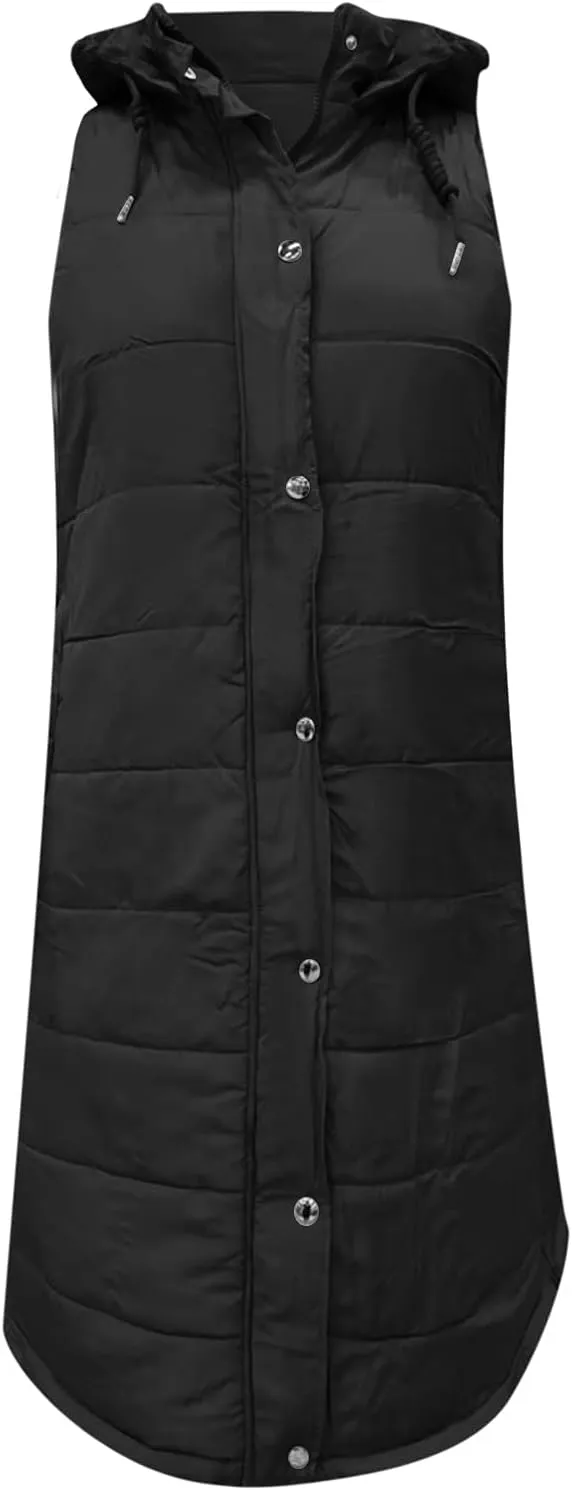 Women's Winter Hooded Puffer Vest Long Sleeveless Down Coats Trendy Fashion Warm Outdoor Quilted Vests with Pockets