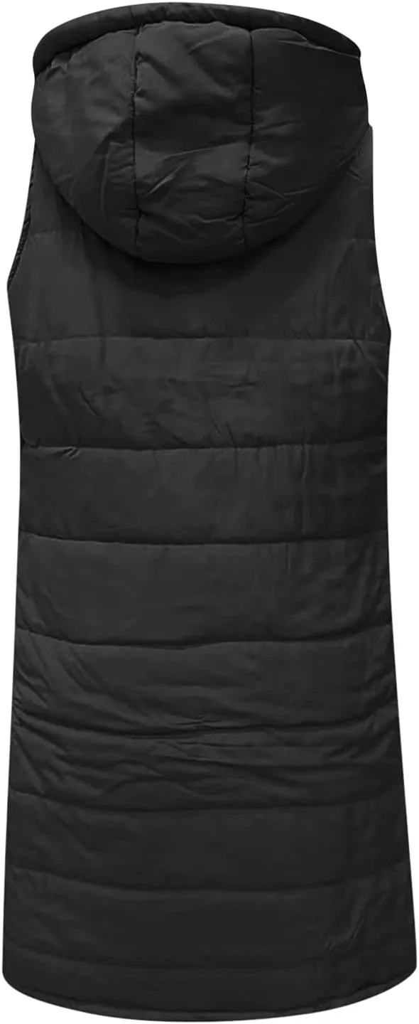 Women's Winter Hooded Puffer Vest Long Sleeveless Down Coats Trendy Fashion Warm Outdoor Quilted Vests with Pockets