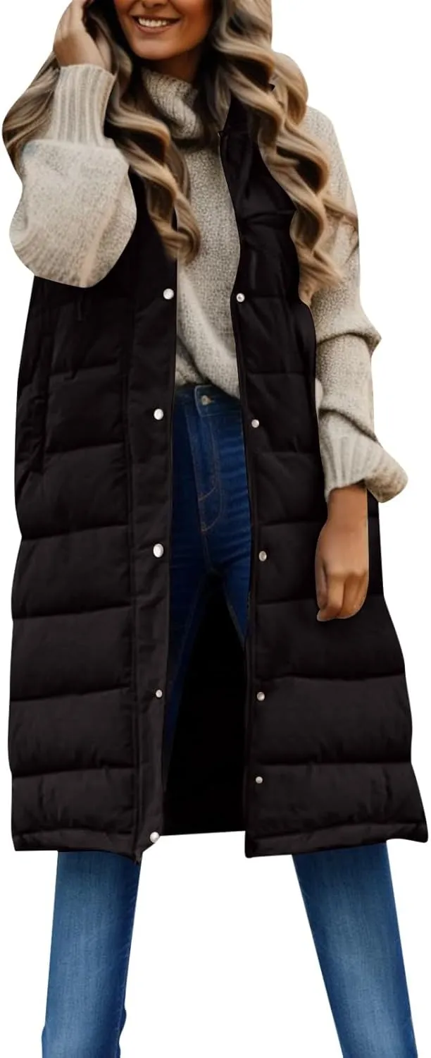 Women's Winter Hooded Puffer Vest Long Sleeveless Down Coats Trendy Fashion Warm Outdoor Quilted Vests with Pockets