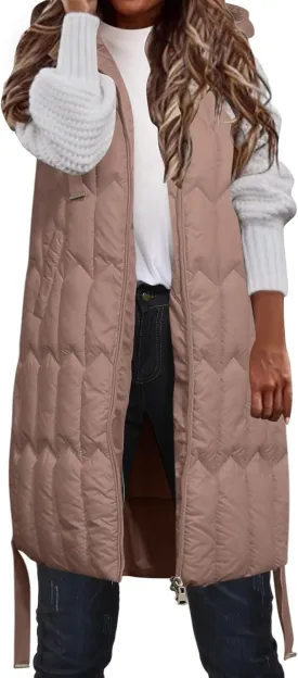 Women's Winter Hooded Puffer Vest Long Sleeveless Down Coats Trendy Fashion Warm Outdoor Quilted Vests with Pockets