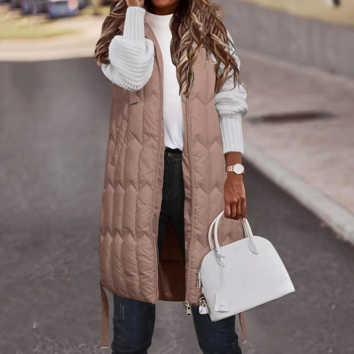 Women's Winter Hooded Puffer Vest Long Sleeveless Down Coats Trendy Fashion Warm Outdoor Quilted Vests with Pockets