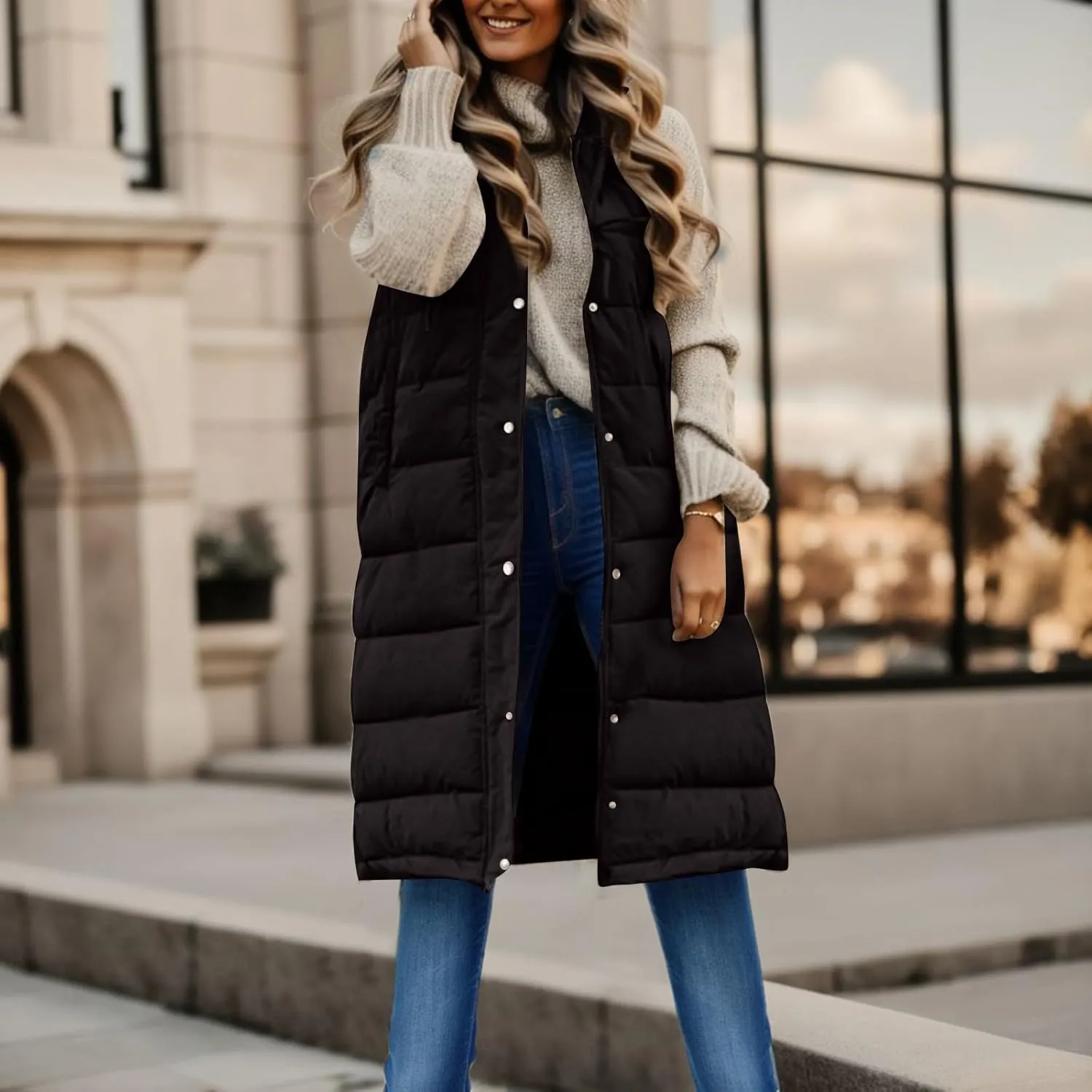 Women's Winter Hooded Puffer Vest Long Sleeveless Down Coats Trendy Fashion Warm Outdoor Quilted Vests with Pockets