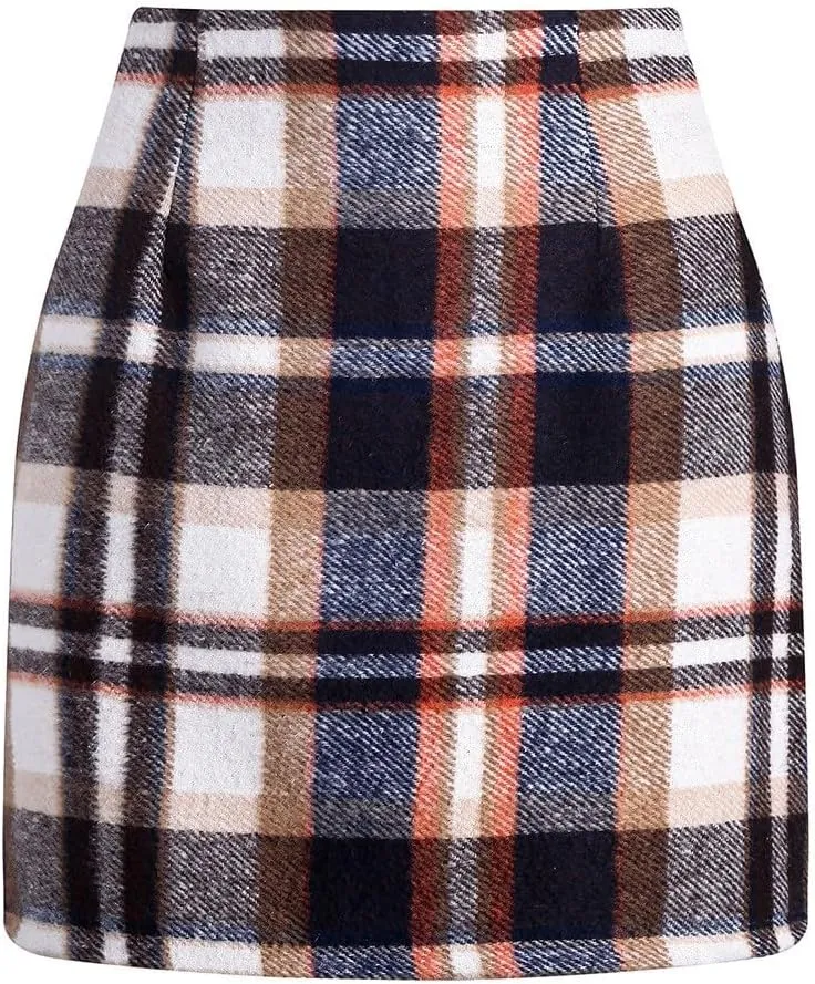 Womens Wool Plaid Mini Skirt Fall Winter High Waisted A Line Bodycon Pencil Skirt