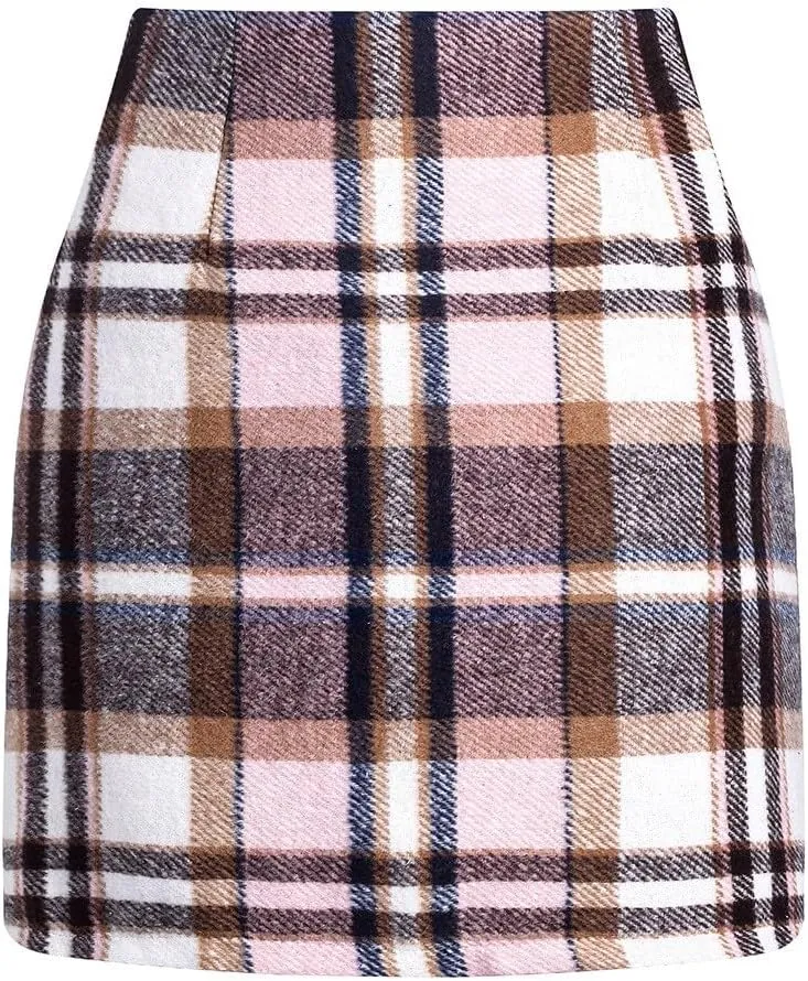 Womens Wool Plaid Mini Skirt Fall Winter High Waisted A Line Bodycon Pencil Skirt