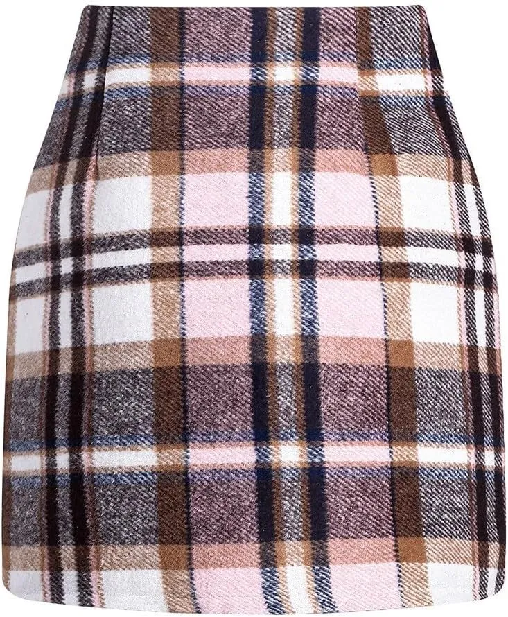 Womens Wool Plaid Mini Skirt Fall Winter High Waisted A Line Bodycon Pencil Skirt
