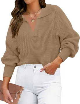 ZESICA Women's Fall Lapel Collar V Neck Long Sleeve Ribbed Knit Comfy Loose Casual Pullover Sweater Jumper Top